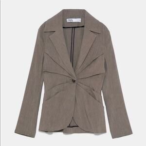 Zara Brown Tailored Blazer Suit Jacket Pleats Linen Blend size Medium